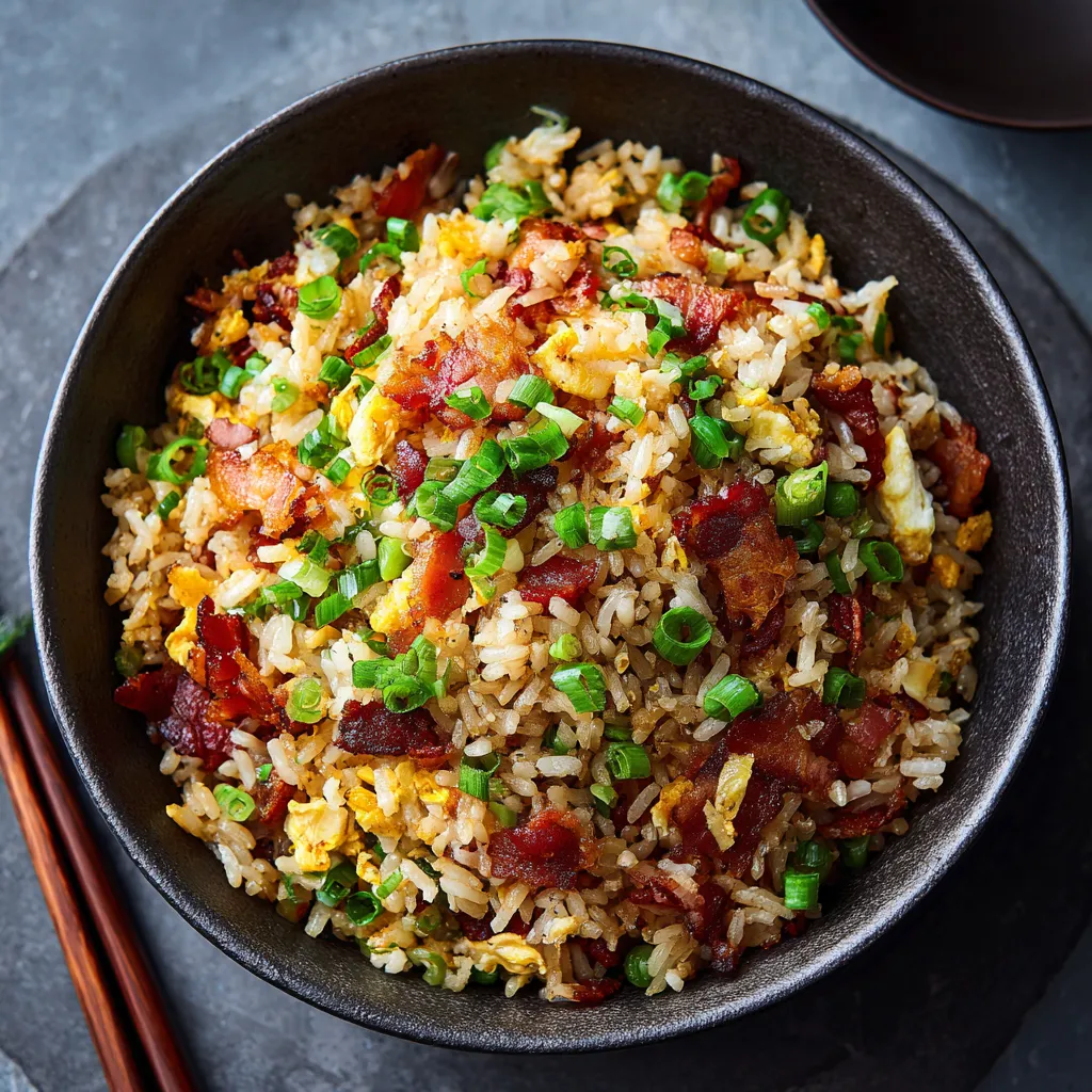 A bowl of rice with bacon and peas.