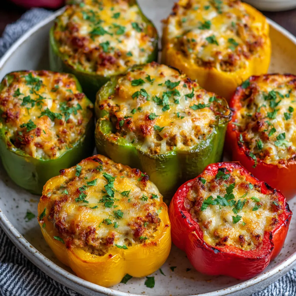 A plate of peppers with cheese on top.