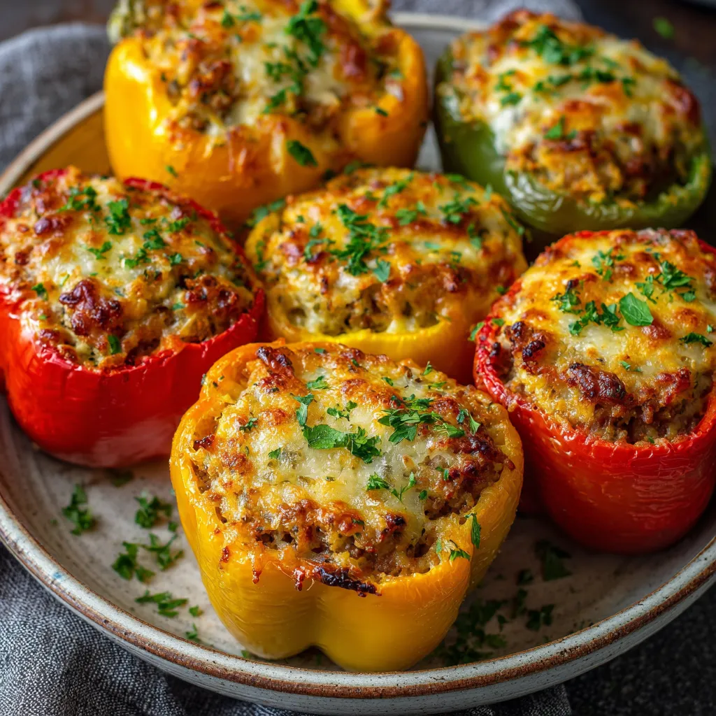 A plate of peppers with cheese on top.