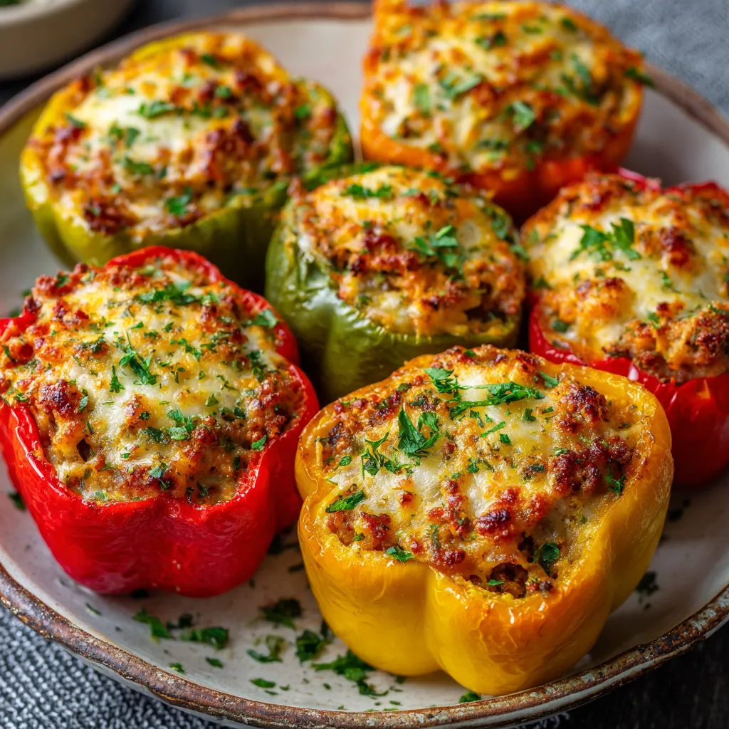 A plate of peppers with cheese on top.