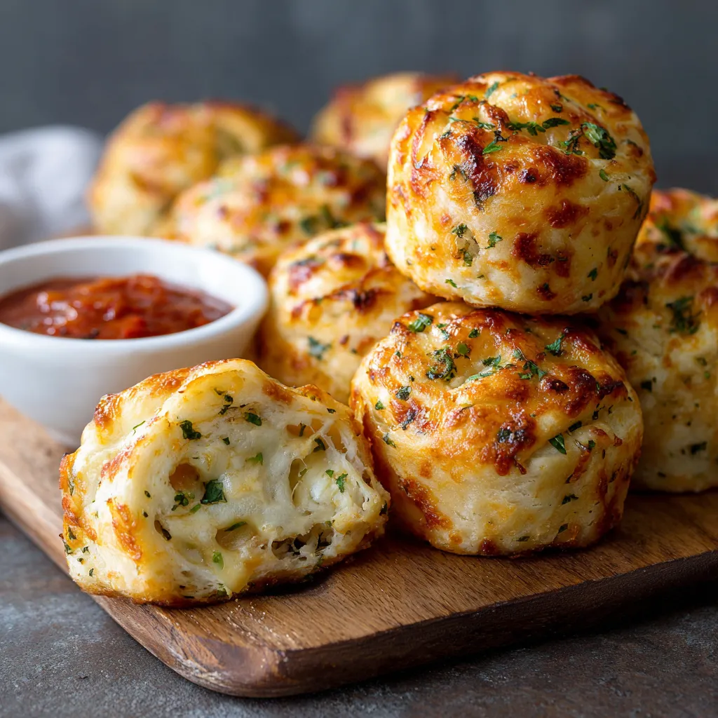A stack of cheese and herb stuffed bread balls.
