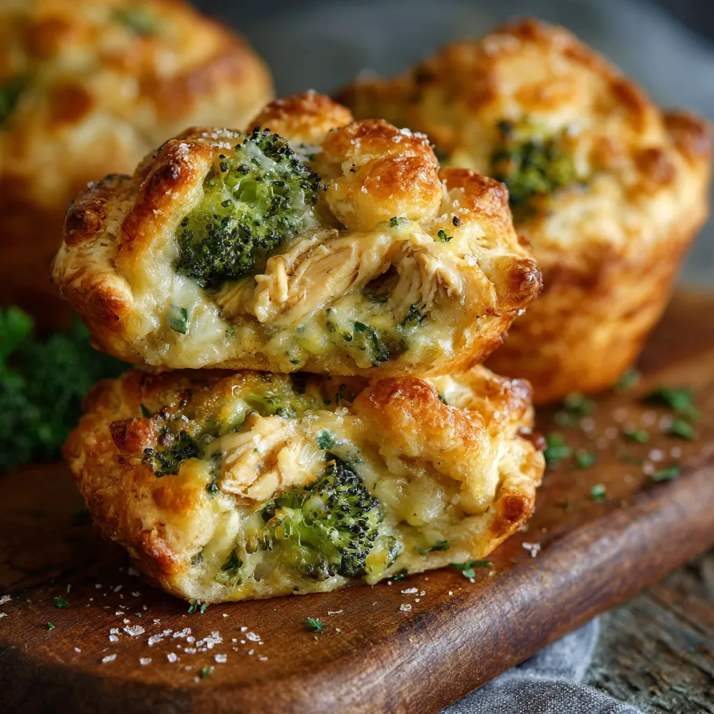 Two broccoli and chicken quiches on a wooden board.