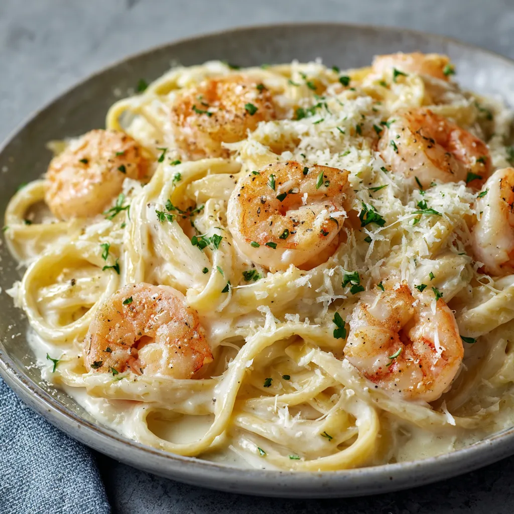 A plate of shrimp and pasta.