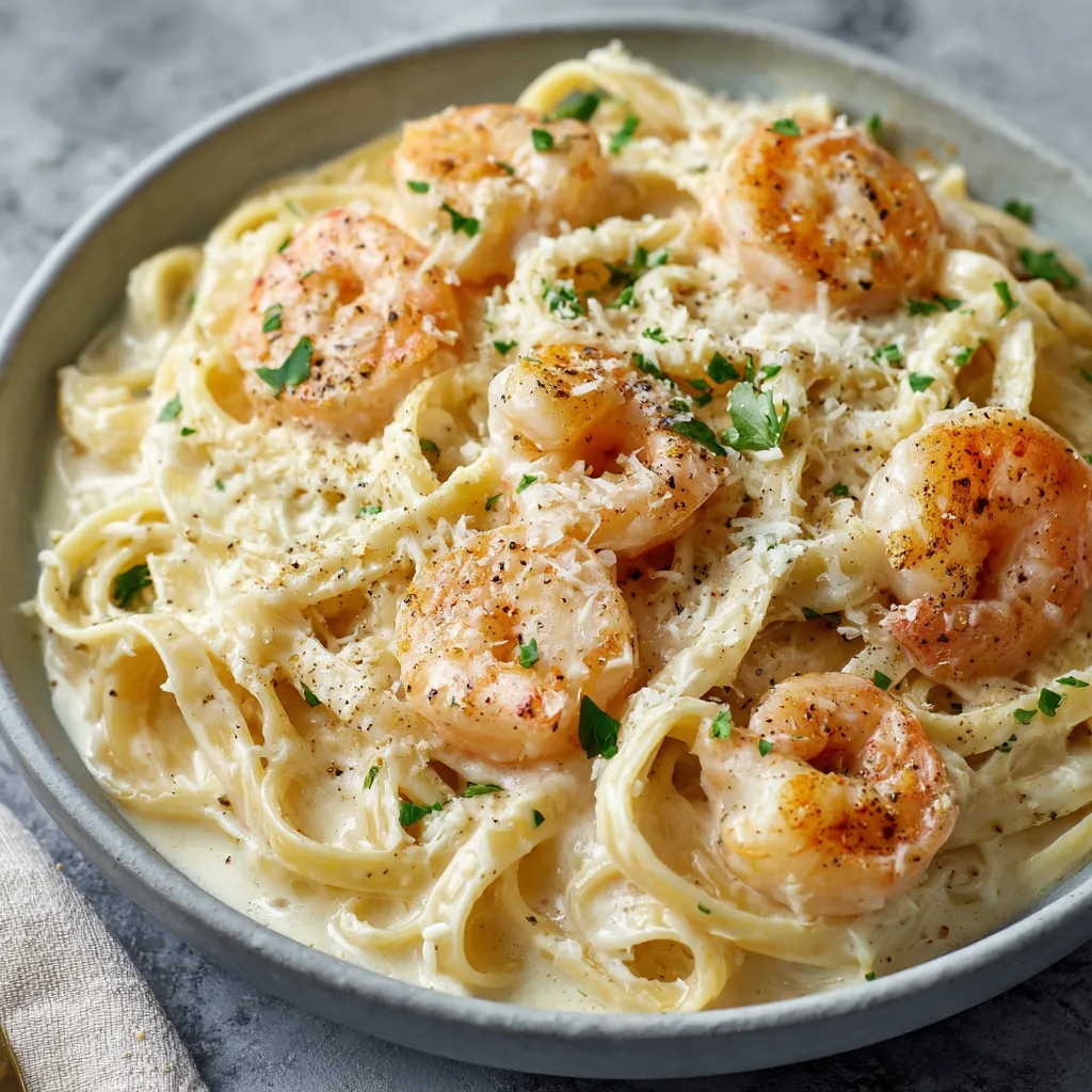 A bowl of shrimp and pasta.