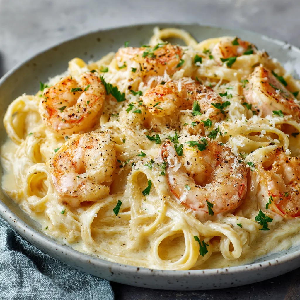A bowl of shrimp and pasta.