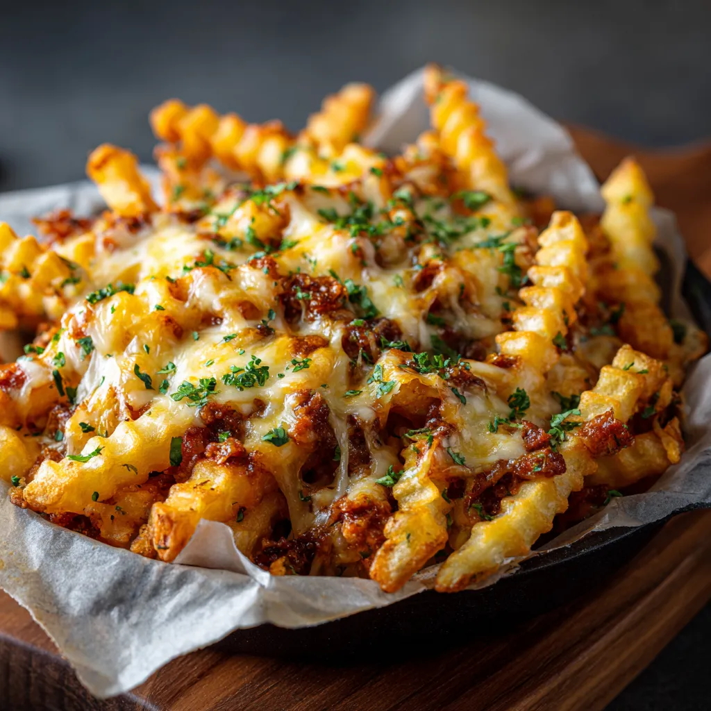 A plate of fries with cheese and bacon.