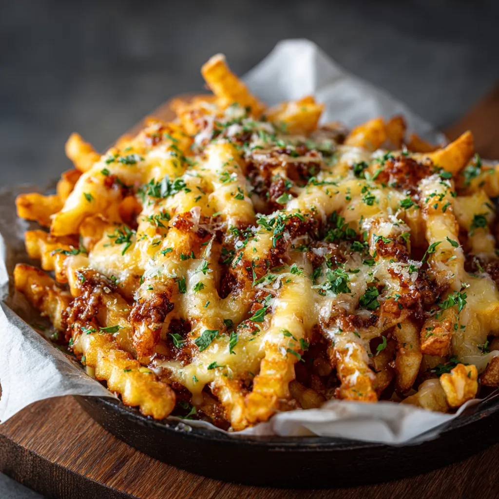 A plate of french fries with cheese and bacon.