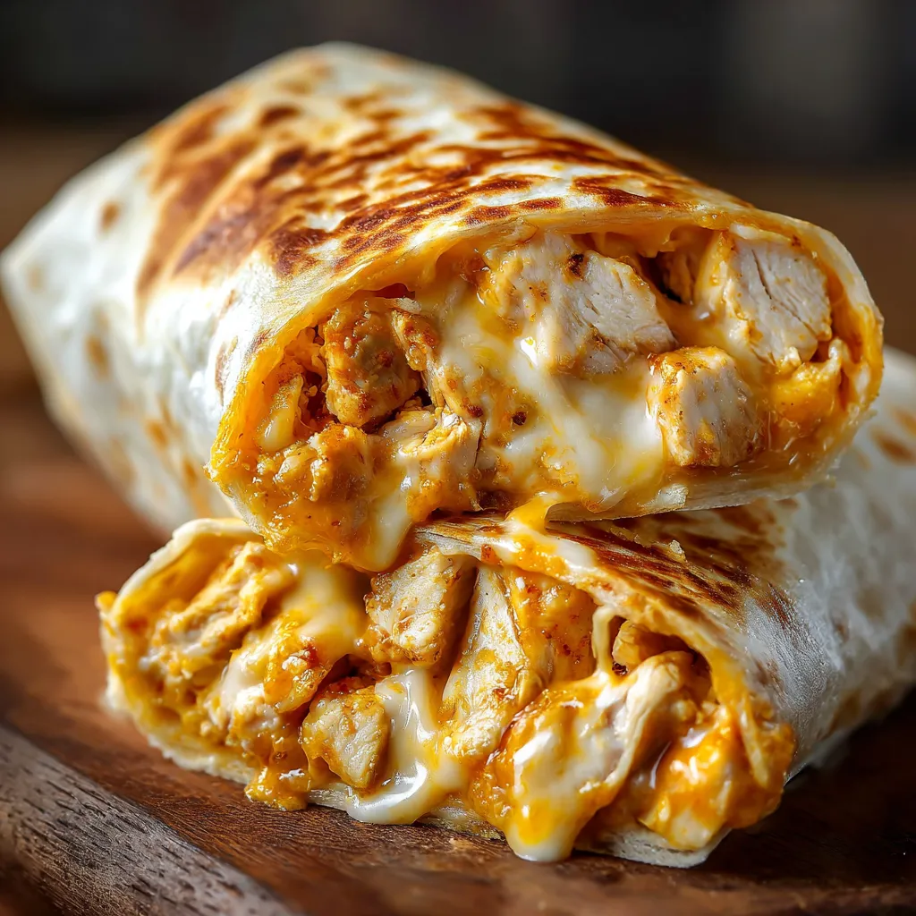 A burrito with chicken and cheese.