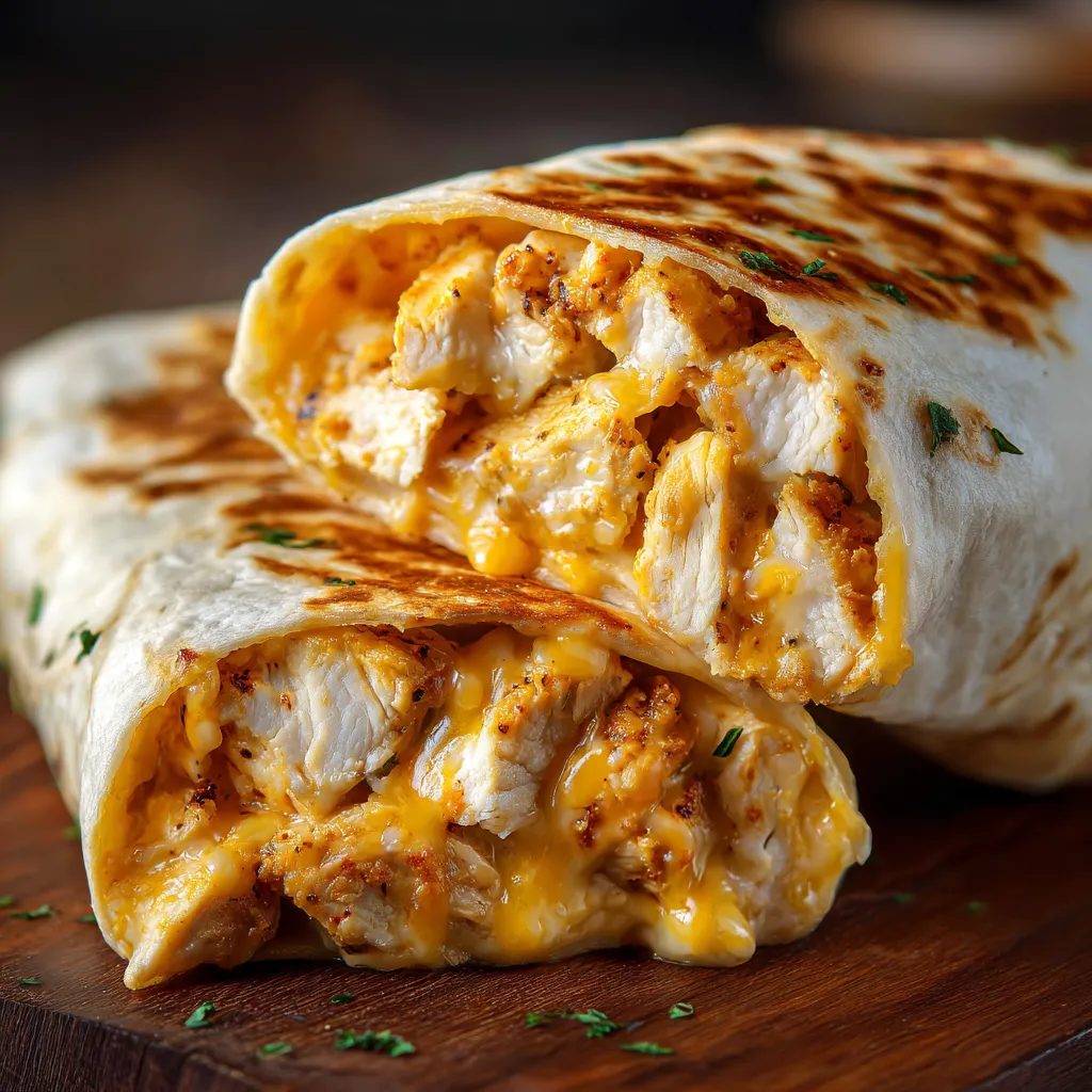 A burrito with chicken and cheese.