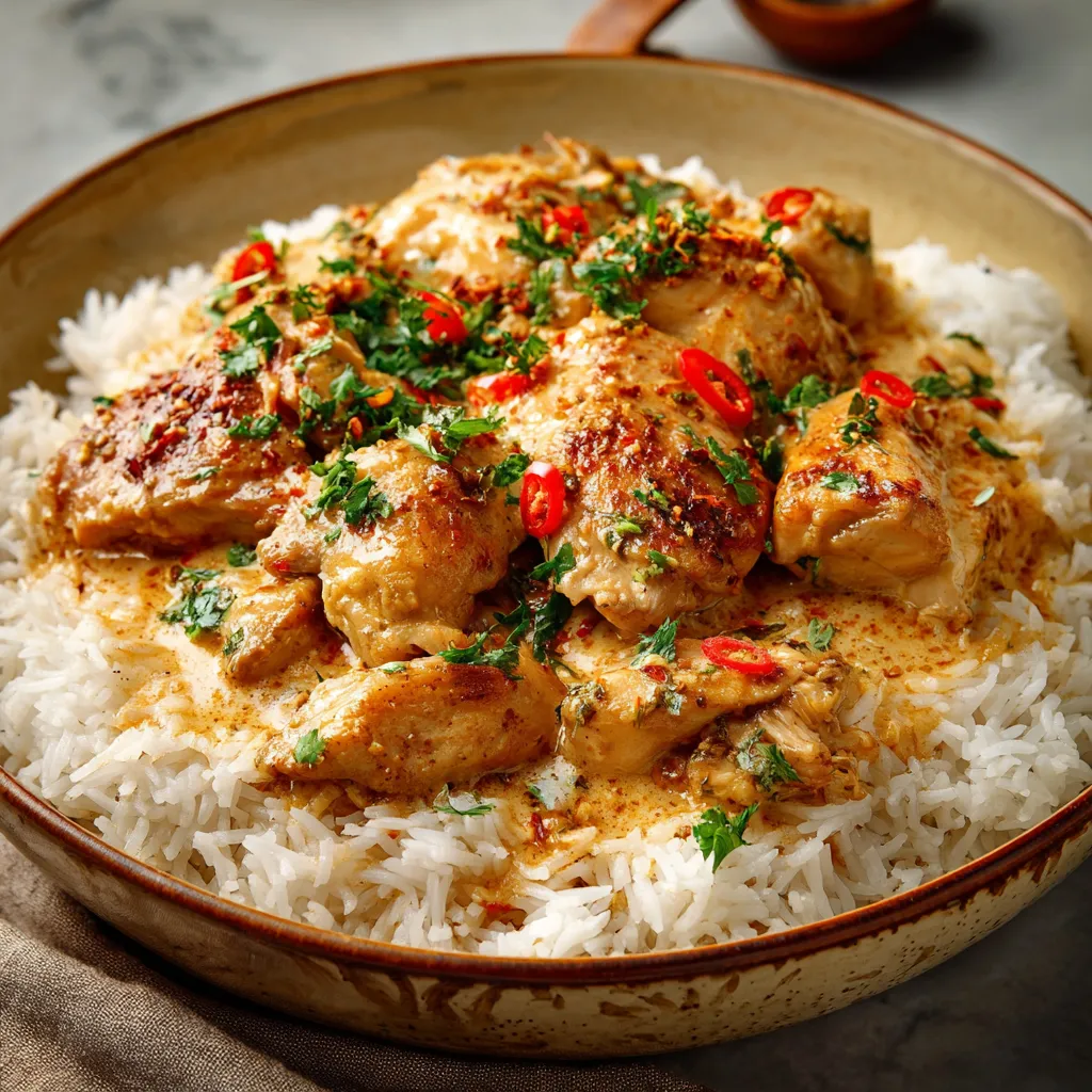 A bowl of rice with chicken and peppers.