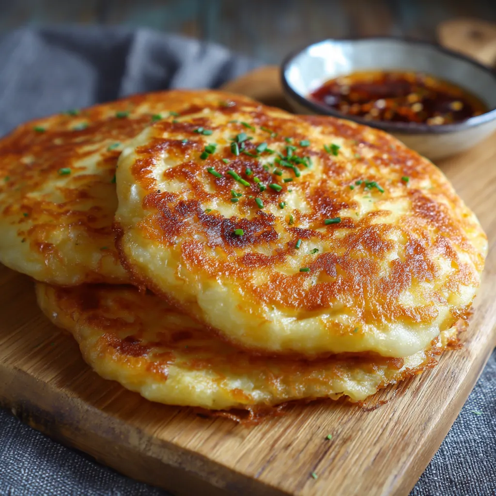 Two pancakes on a wooden board.