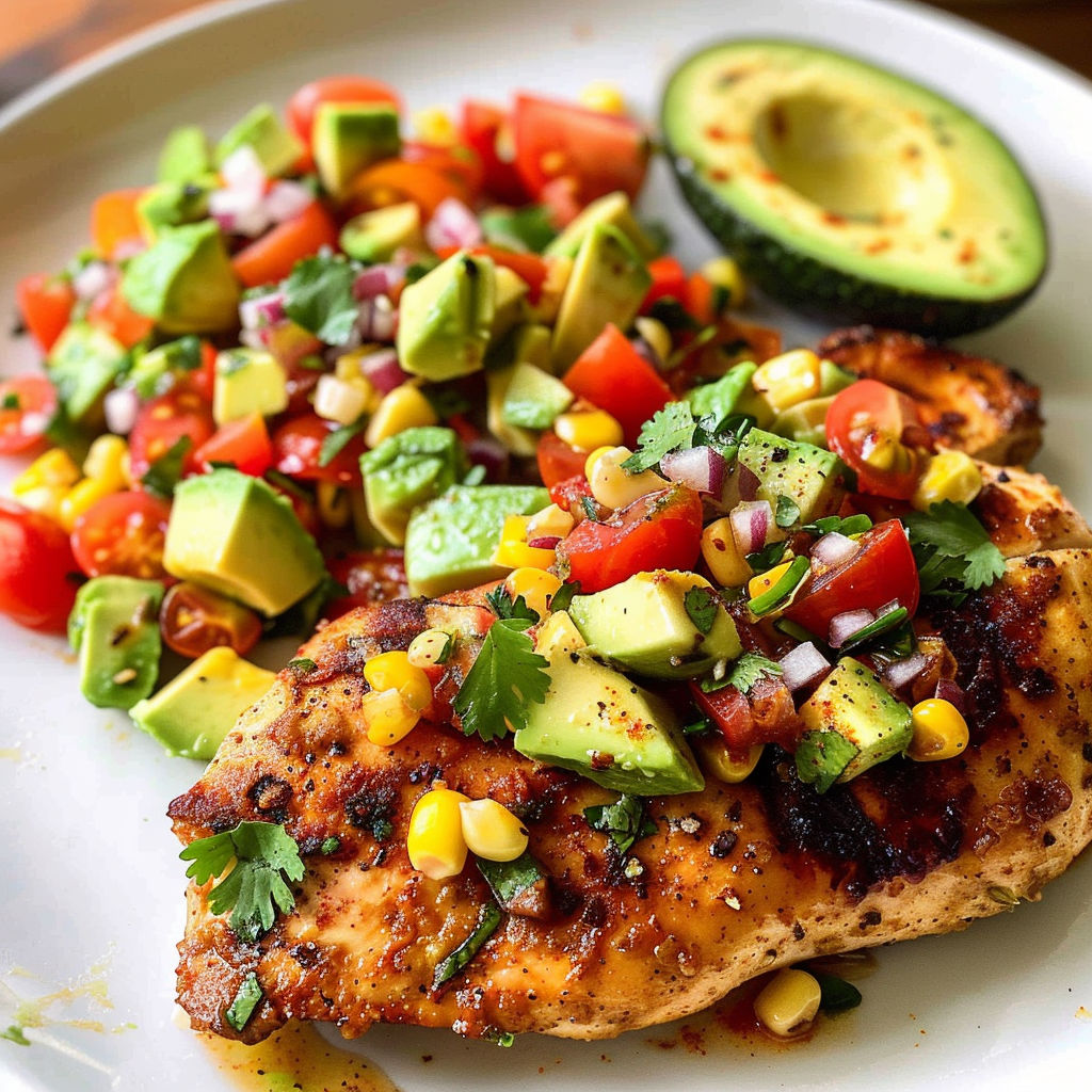 A plate of Fiesta Lime Chicken with Avocado Salsa.