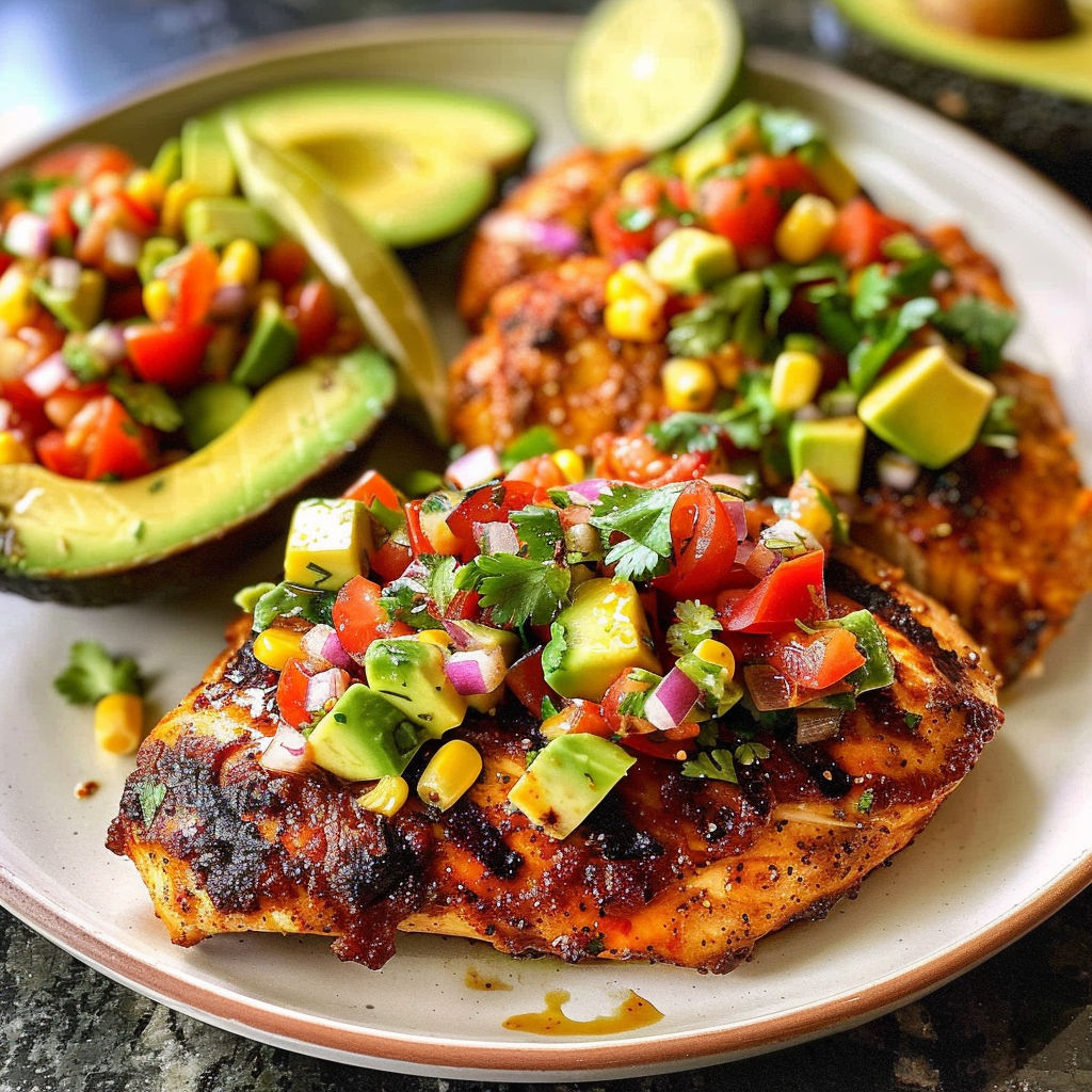 A plate of food with chicken, avocado, tomatoes, and lime.