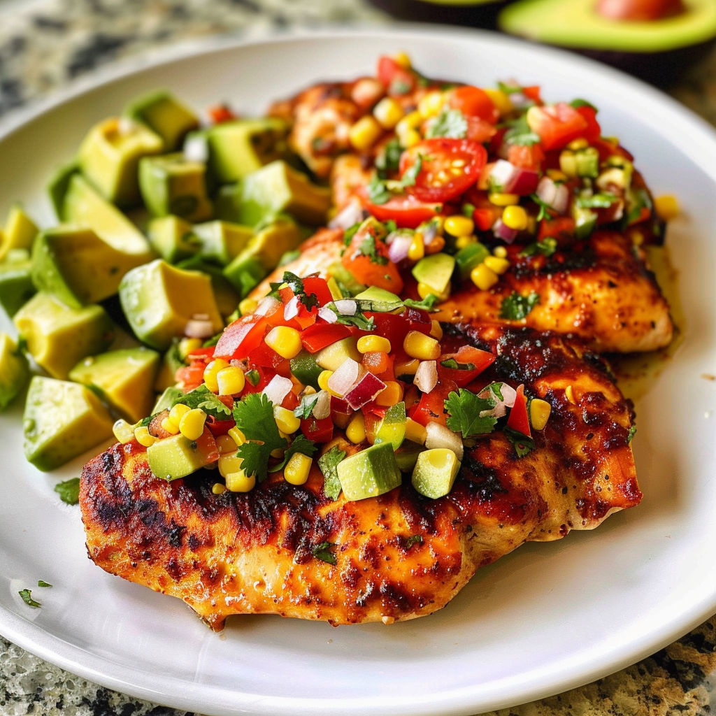 A plate of food with chicken, avocado, tomato, corn, and onions.