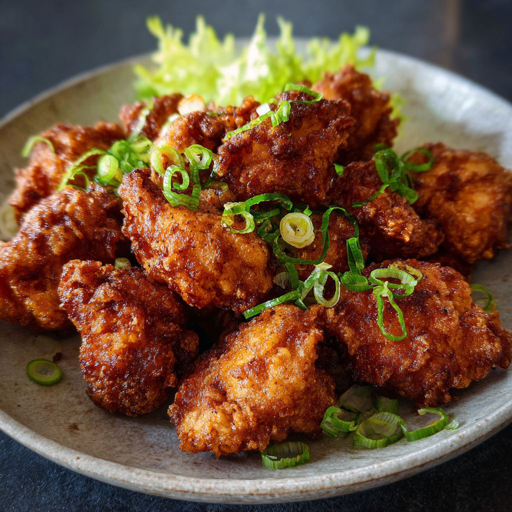 A plate of Japanese fried chicken with green onions.