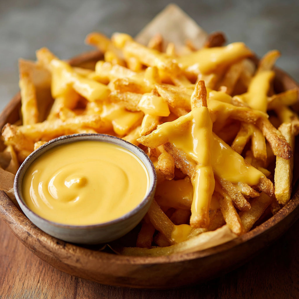 A bowl of fries with cheese sauce.