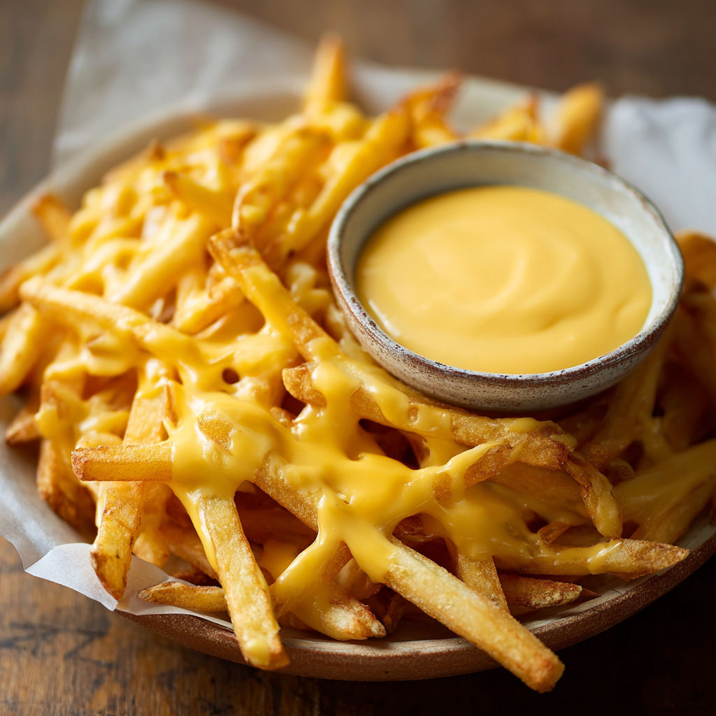 A bowl of fries with cheese sauce.