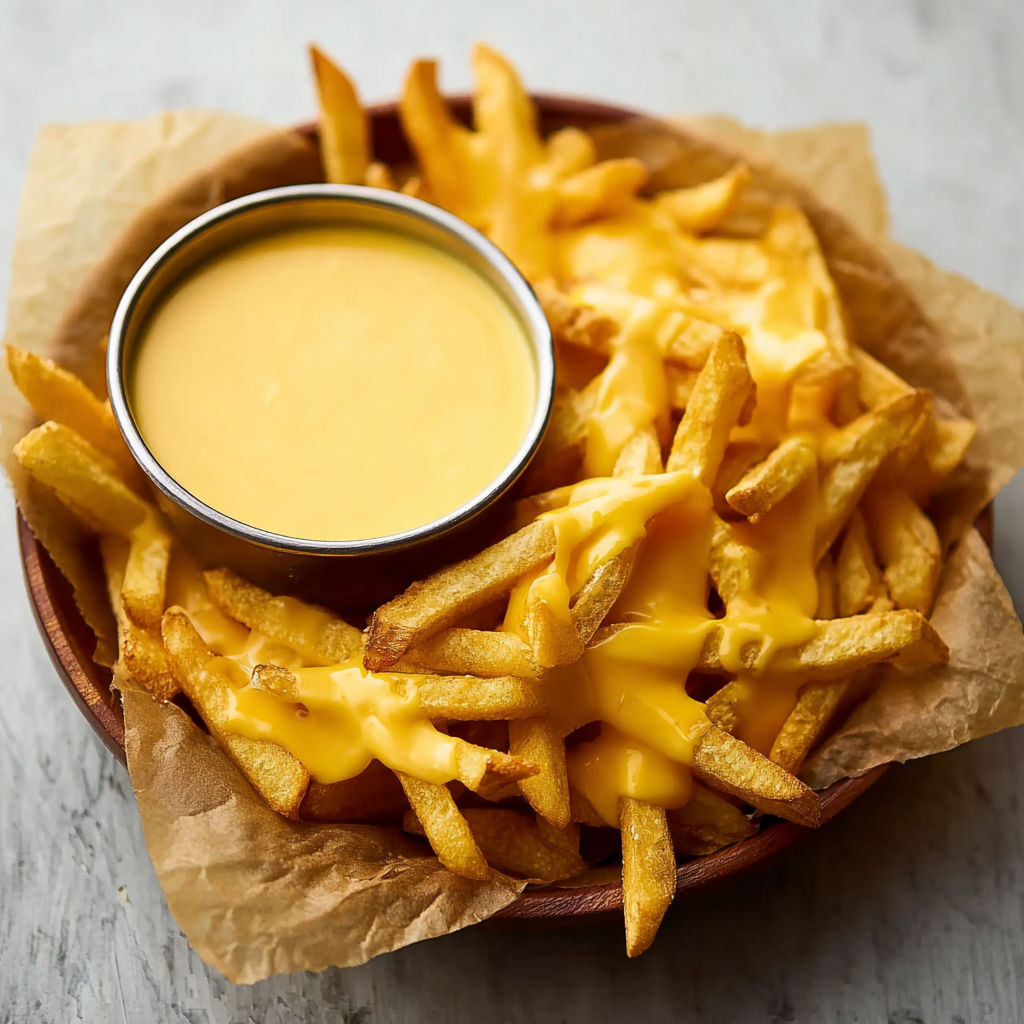 A bowl of fries with cheese sauce.