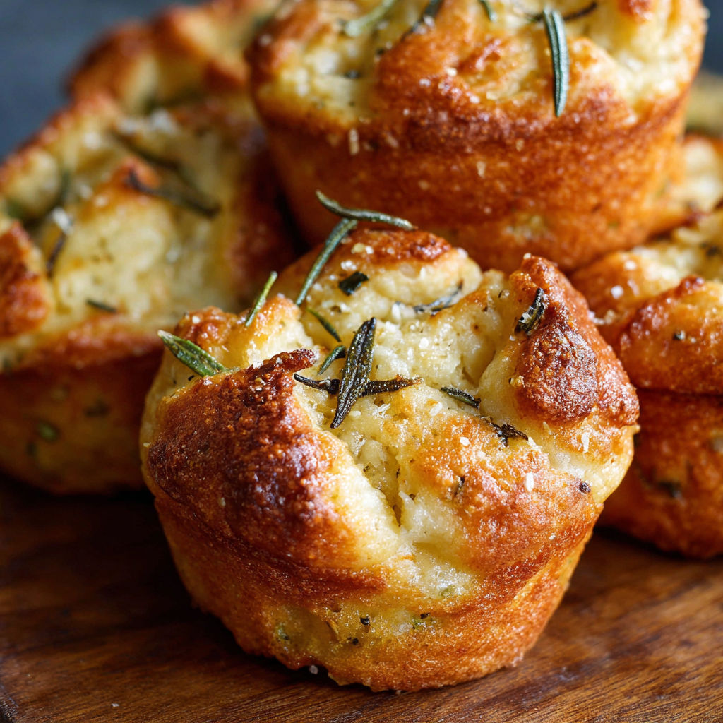 A stack of garlic rosemary focaccia muffins.