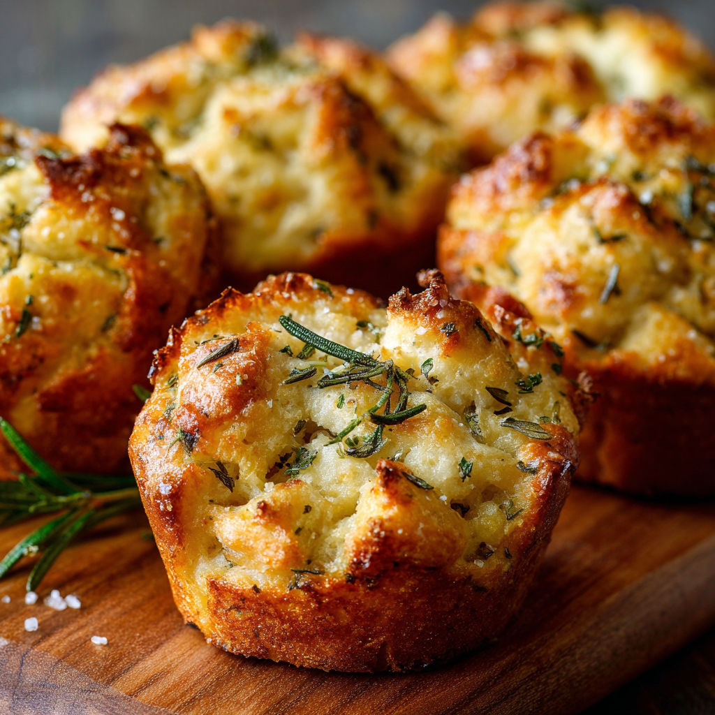 A stack of muffins with herbs on top.