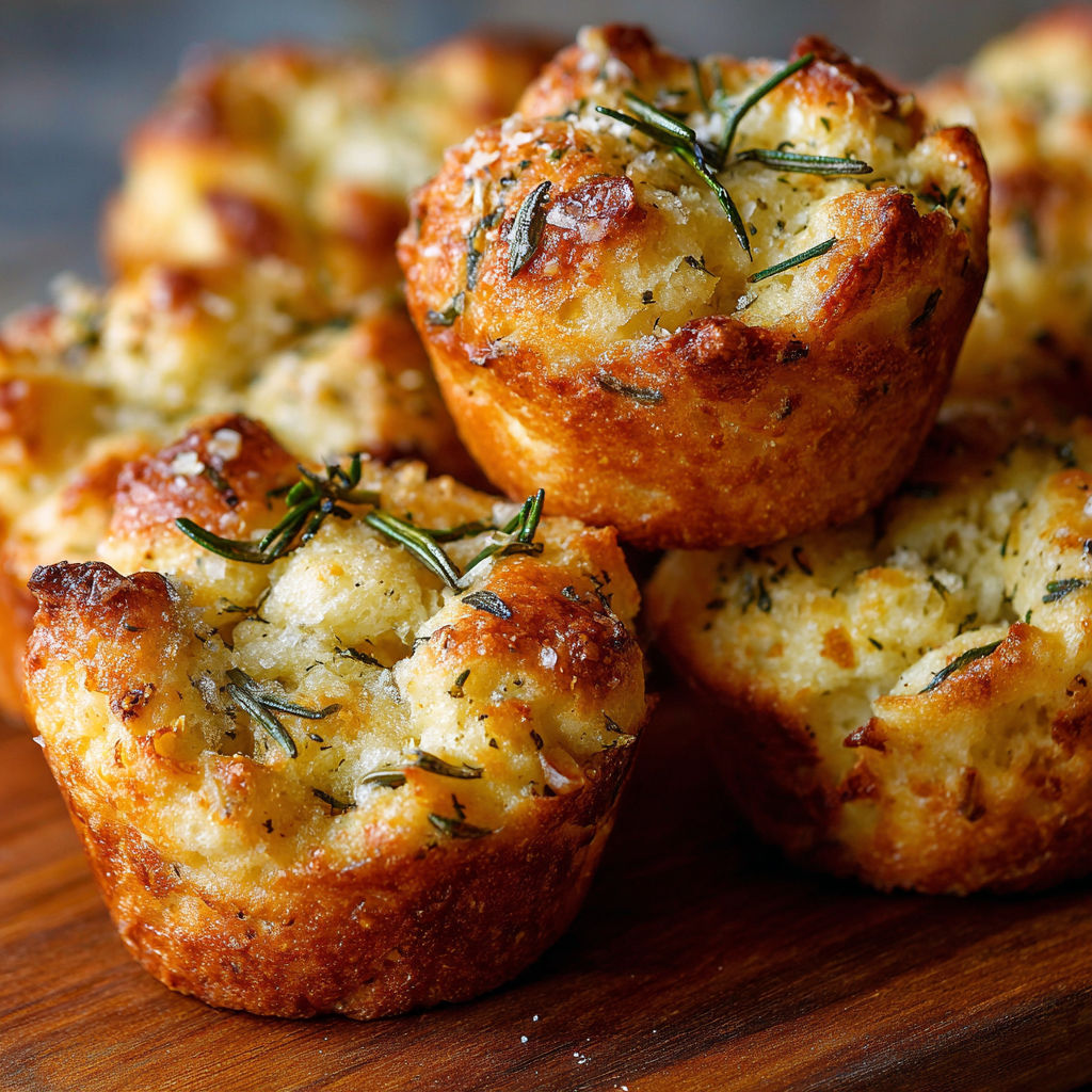 A stack of four muffins with herbs on top.