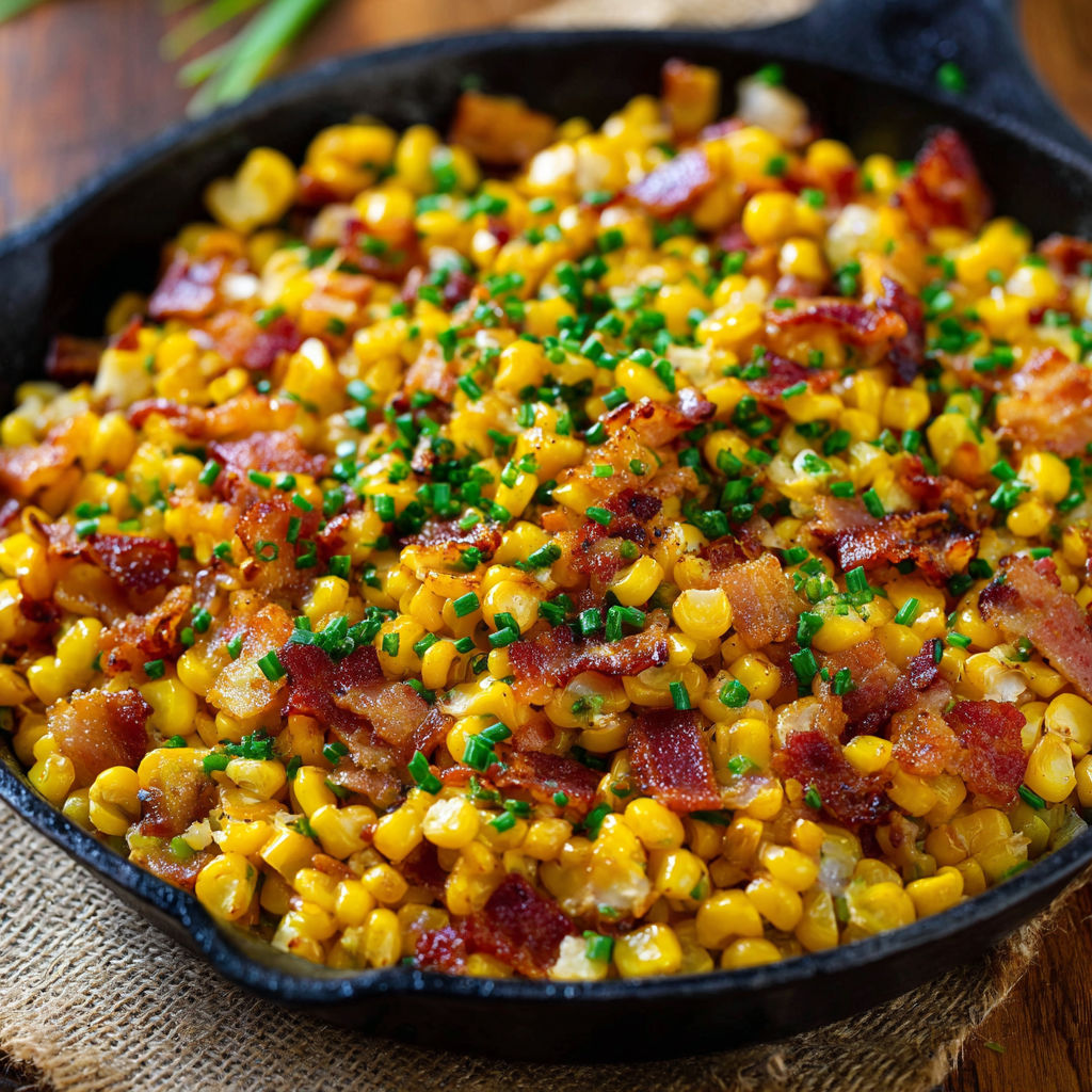 A black skillet with bacon and corn.