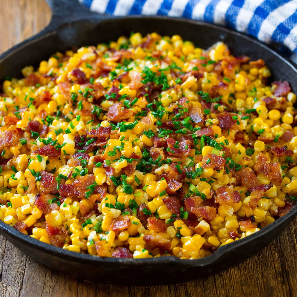 A black skillet filled with bacon and corn.