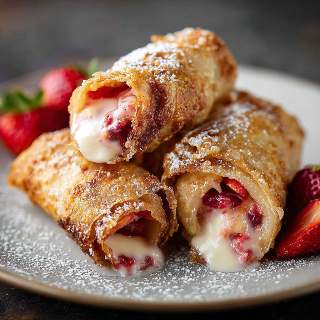 Strawberry cheesecake egg rolls on a plate.