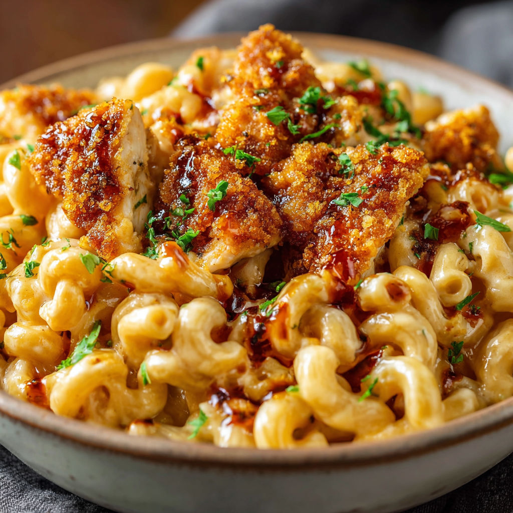 A bowl of macaroni and cheese with chicken.