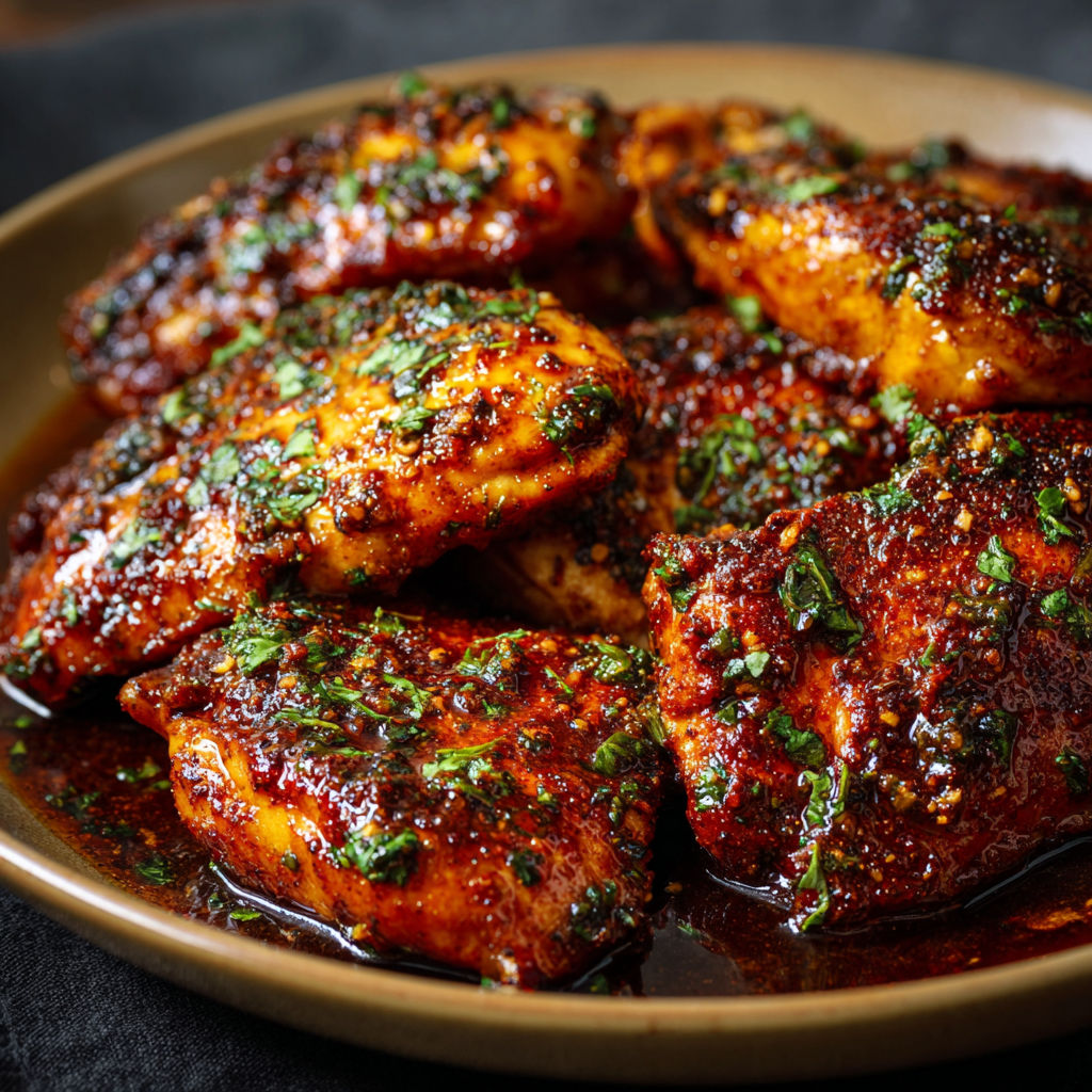 A plate of chicken with a brown sauce.