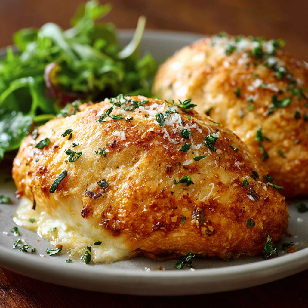 A plate of food with a salad and two pieces of breaded meat.