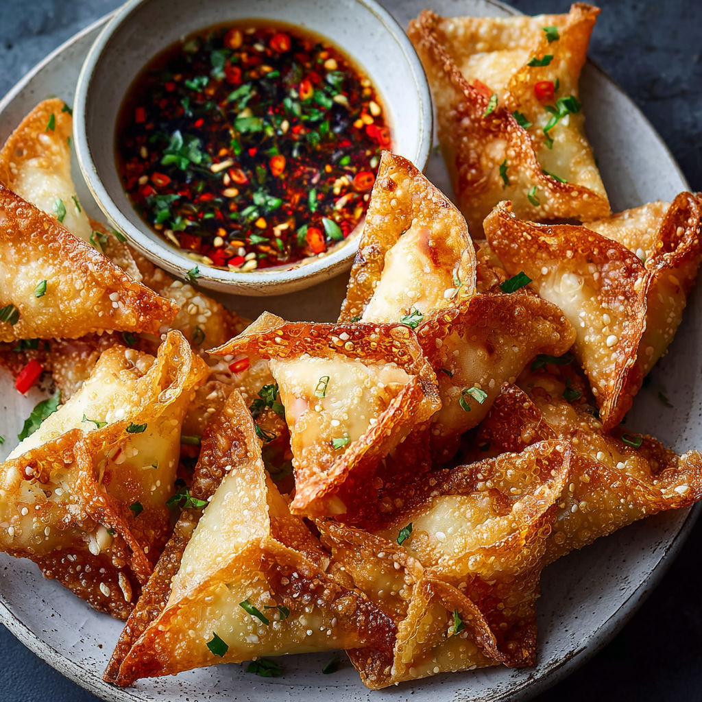 A plate of rice paper crab rangoons with a bowl of sauce.