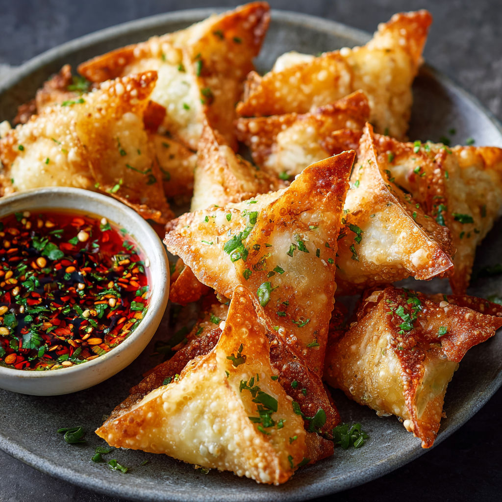 A plate of rice paper crab rangoons with a dipping sauce.