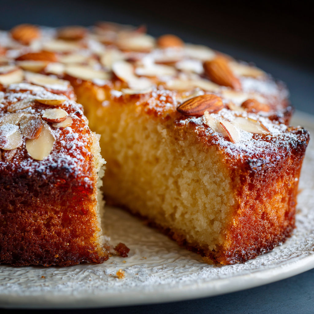 A slice of cake with almonds on top.