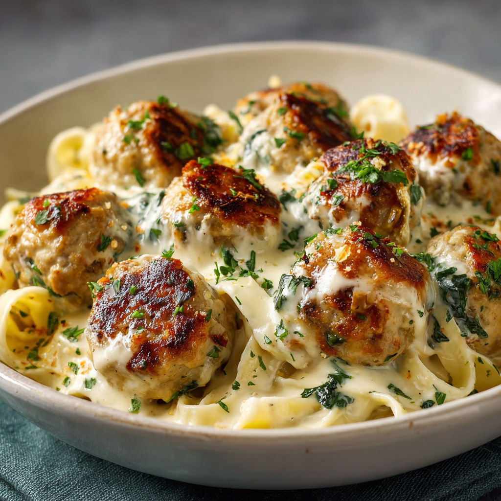A bowl of chicken ricotta meatballs alfredo.