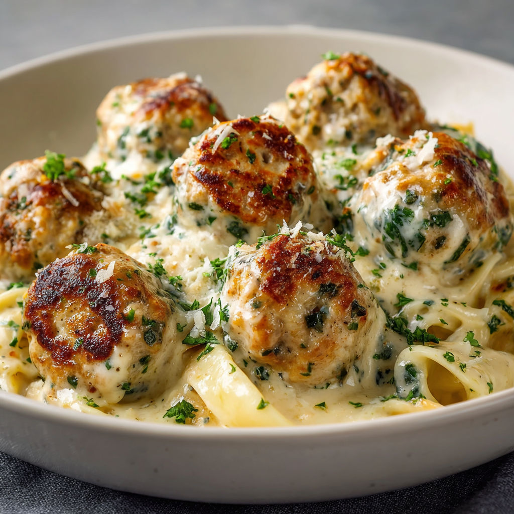A plate of chicken ricotta meatballs alfredo.