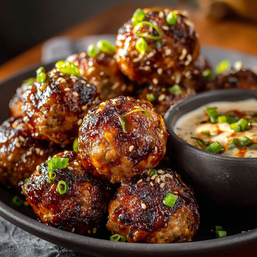 A bowl of meatballs with a dipping sauce.