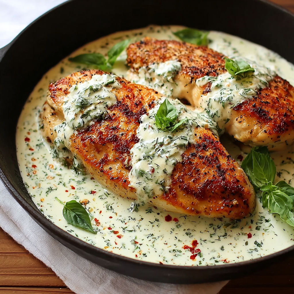 A plate of chicken with sauce and herbs.
