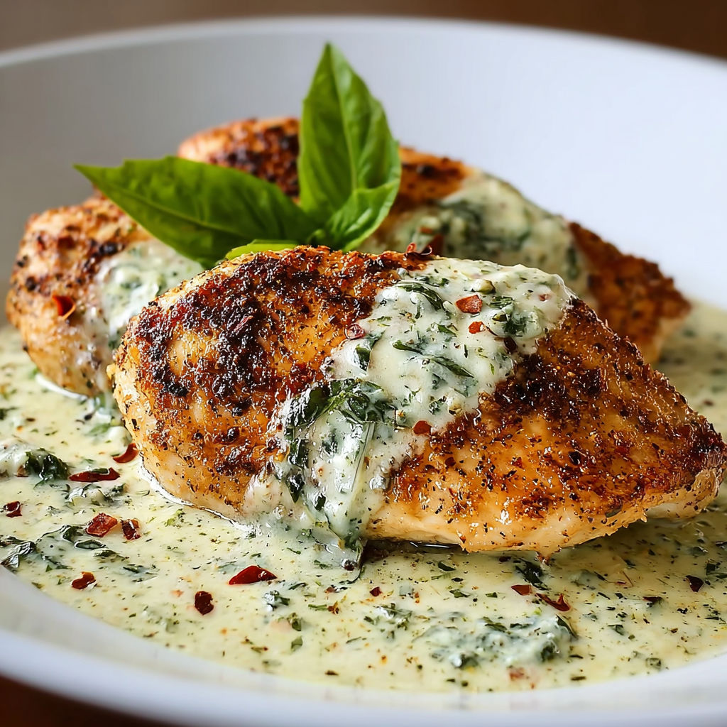 A plate of food with a green sauce on top.
