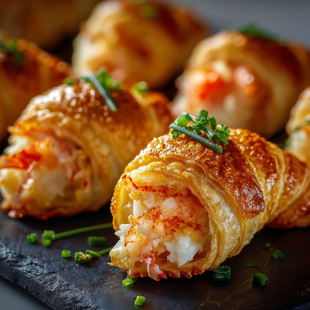 A plate of food with a pastry and a piece of meat.