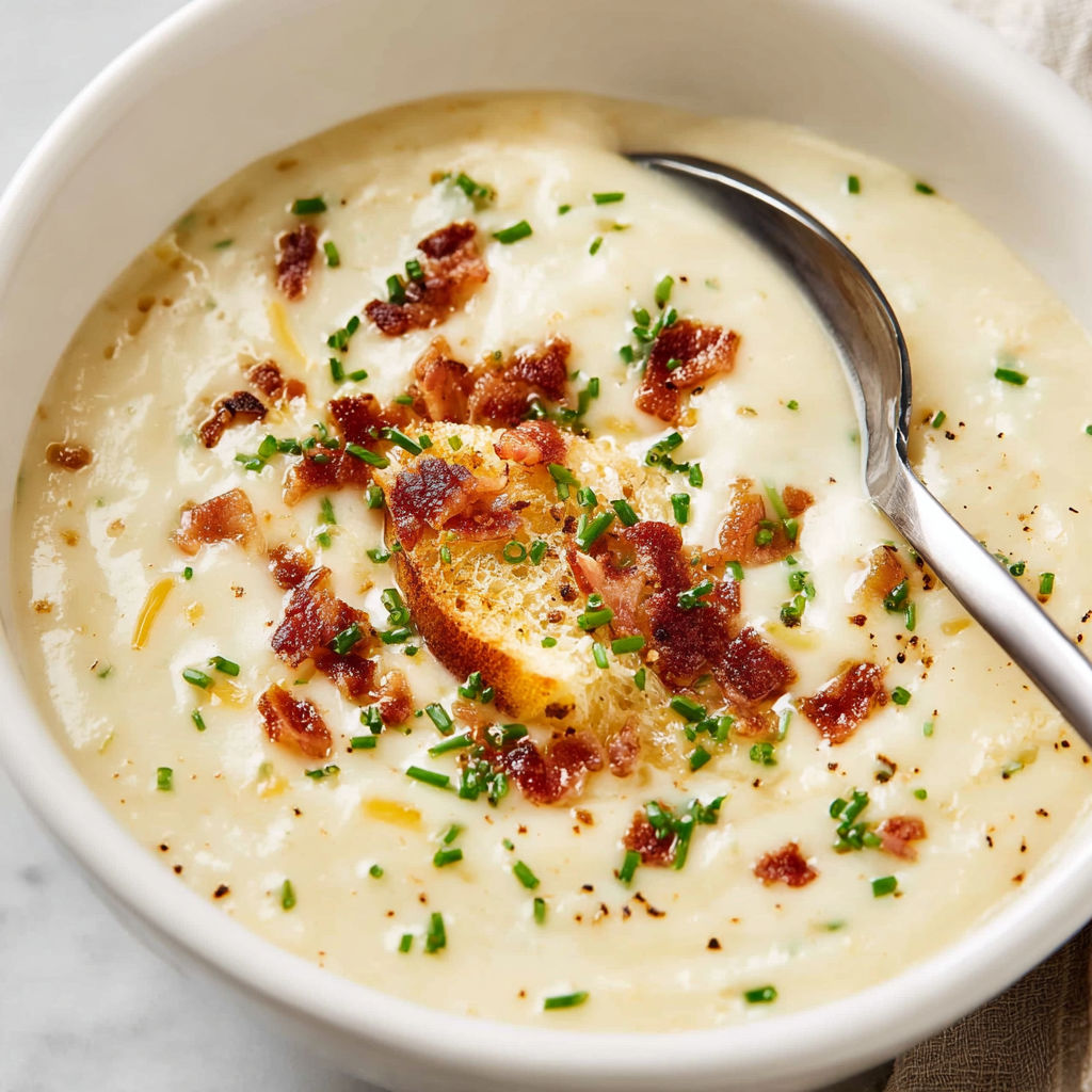 A bowl of soup with bacon and herbs.