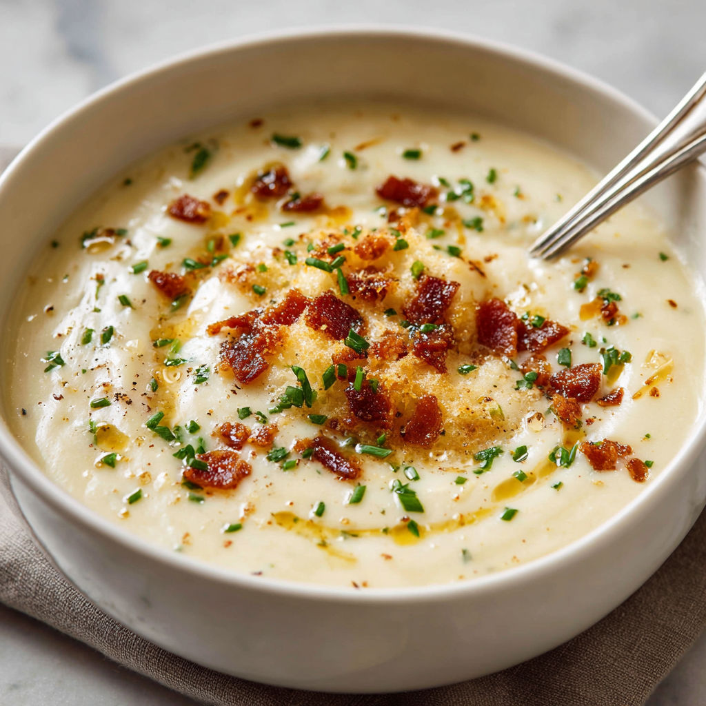 A bowl of soup with bacon bits and herbs.