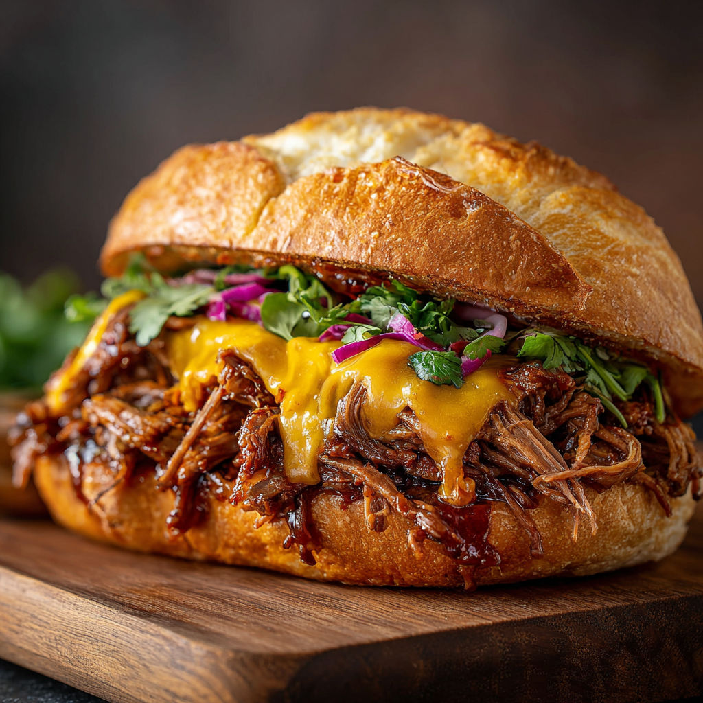 A Pulled Beef Sandwich with cheese and onions.