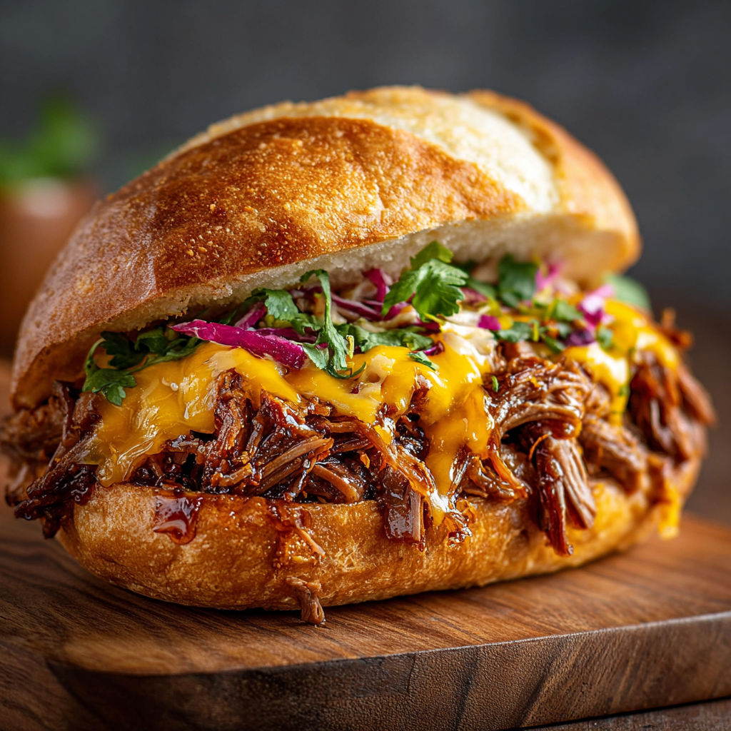 A Pulled Beef Sandwich with cheese and onions.