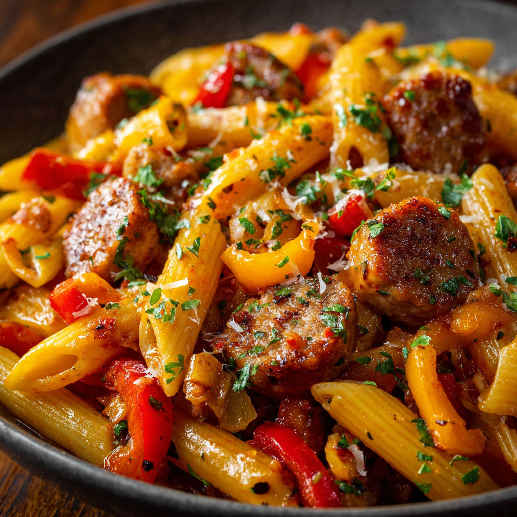 A bowl of pasta with sausage and peppers.