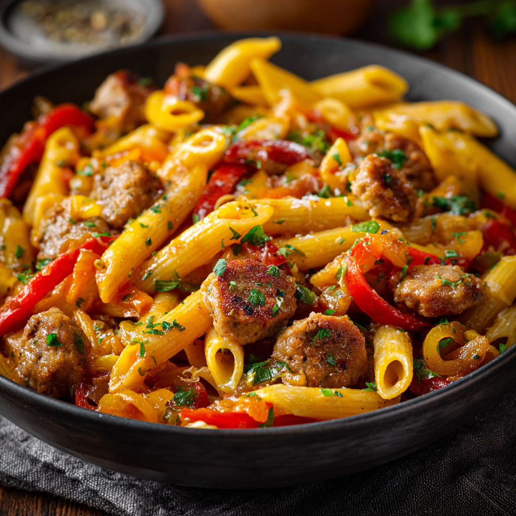 A bowl of pasta with meatballs and tomatoes.