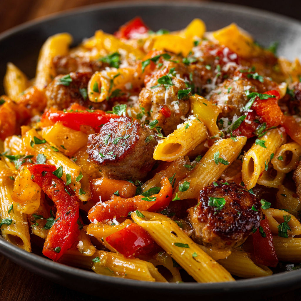 A bowl of pasta with meatballs and tomatoes.