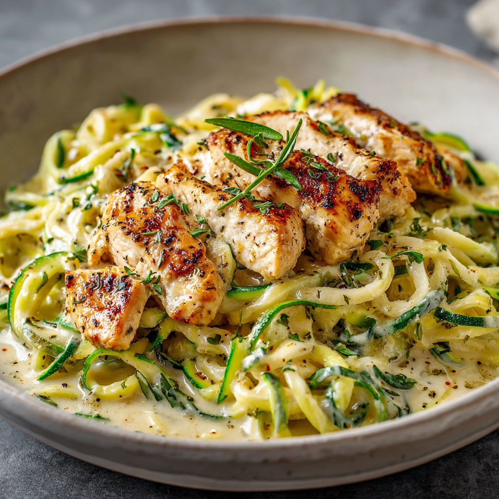 A bowl of chicken Alfredo zucchini noodles.