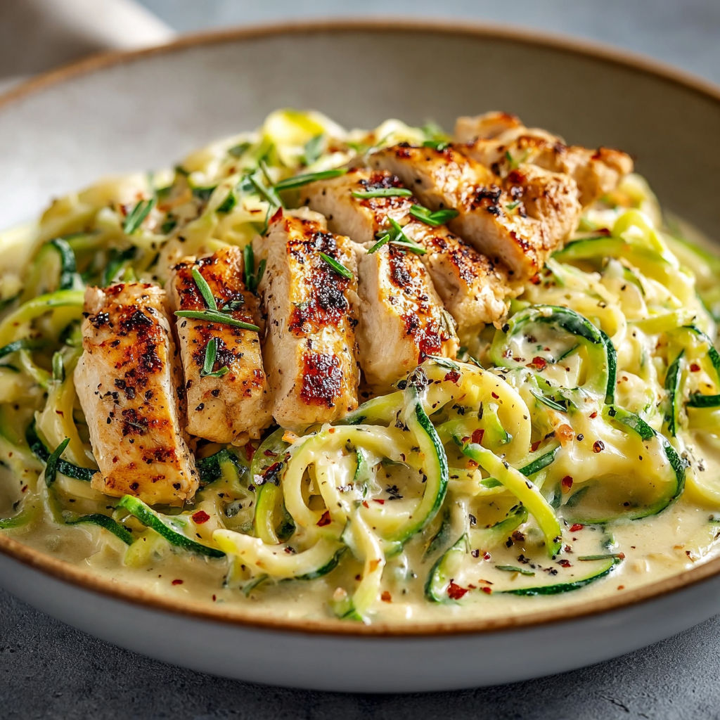 A plate of food with chicken and zucchini.