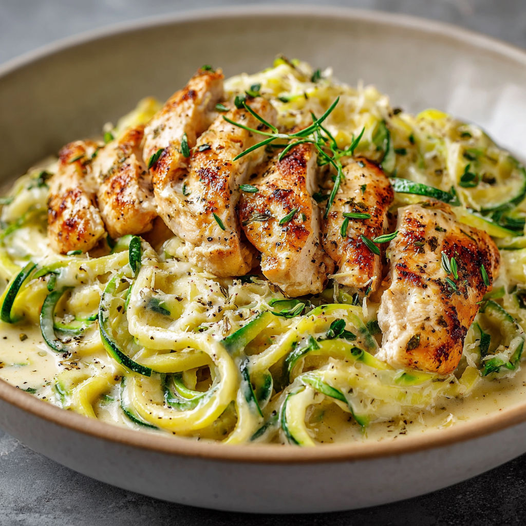 A bowl of food with chicken and zucchini.